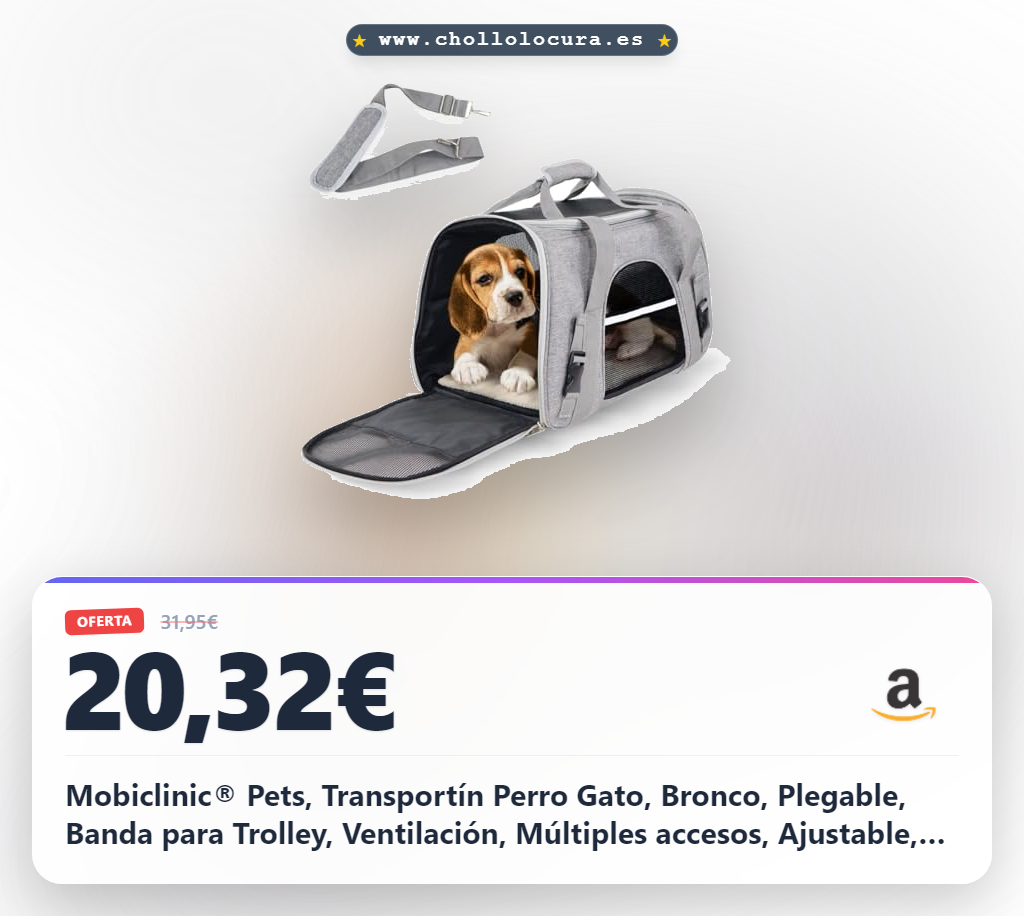 Mobiclinic® Pets, Transportín Perro Gato, Bronco, Plegable, Banda para Trolley, Ventilación, Múltiples accesos, Ajustable, 48x25x30 cm, Portátil, Adaptable a Maletas, Mascotas pequeñas