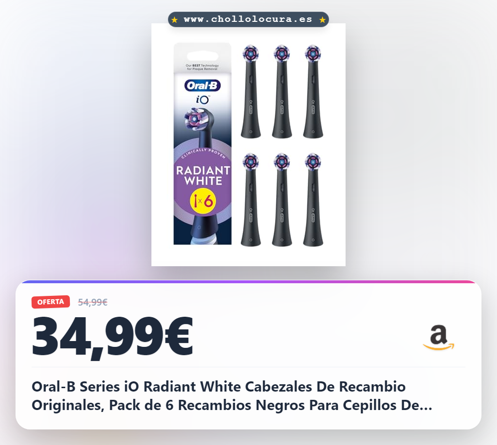 Oral-B Series iO Radiant White Cabezales De Recambio Originales, Pack de 6 Recambios Negros Para Cepillos De Dientes Eléctricos Oral-B iO, Blanqueamiento Dental, Eliminación De Manchas