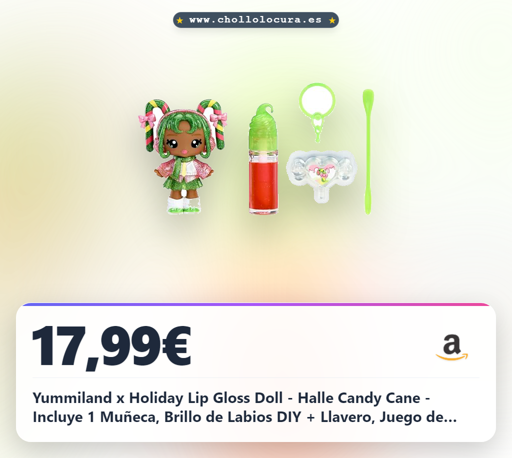 Yummiland x Holiday Lip Gloss Doll - Halle Candy Cane - Incluye 1 Muñeca, Brillo de Labios DIY + Llavero, Juego de Cosméticos, Coleccionable de Temporada, Adecuado para Niños Mayores de 4 años