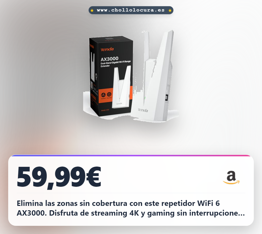 Elimina las zonas sin cobertura con este repetidor WiFi 6 AX3000. Disfruta de streaming 4K y gaming sin interrupciones, incluso moviéndote por casa. Configúralo en minutos y disfruta de una conexión estable y rápida para todos tus dispositivos.
