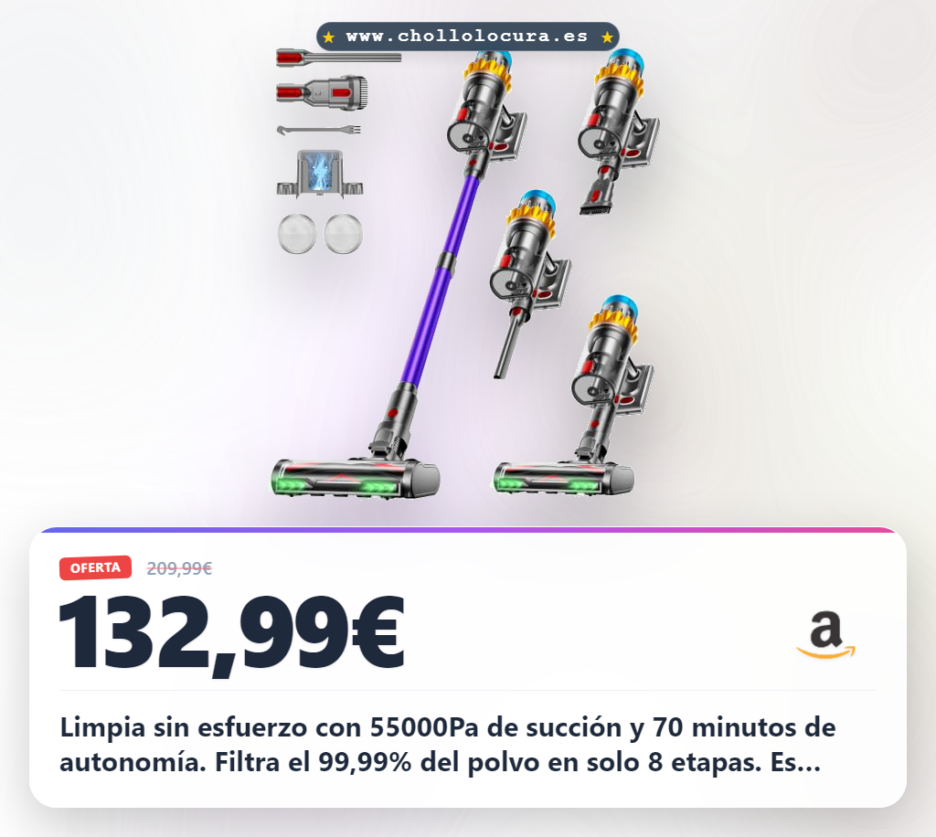 Consigue la aspiradora sin cable 55000Pa con 70 minutos de autonomía y filtración avanzada al mejor precio