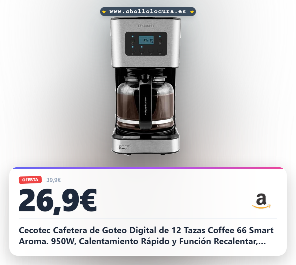 Cecotec Cafetera de Goteo Digital de 12 Tazas Coffee 66 Smart Aroma. 950W, Calentamiento Rápido y Función Recalentar, Jarra de Vídrio 1,5L, Acabado en Acero Inoxidable e Intensificador de Aroma