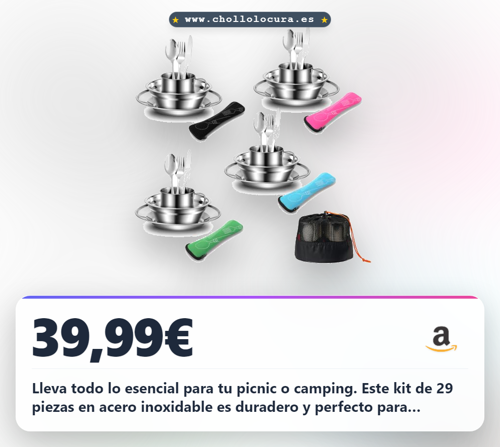 Aprovecha el kit de vajilla 29 en 1 de acero inoxidable para picnic y camping para 4 personas al mejor precio