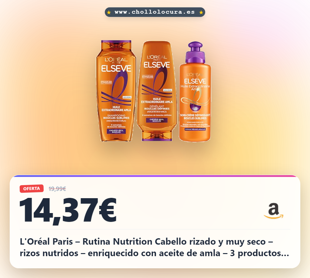 L'Oréal Paris – Rutina Nutrition Cabello rizado y muy seco – rizos nutridos – enriquecido con aceite de amla – 3 productos – Champú, desenredante, crema de cuidado definidora – Elsève excepcional