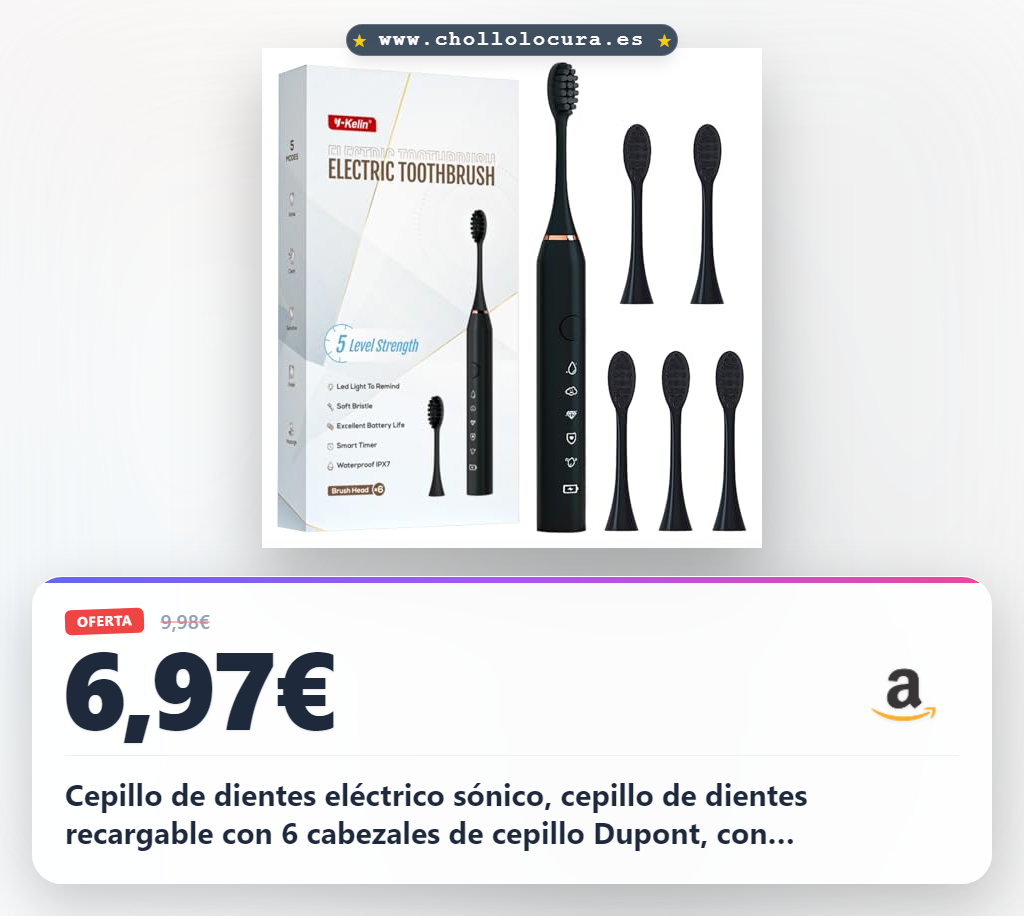 Cepillo de dientes eléctrico sónico, cepillo de dientes recargable con 6 cabezales de cepillo Dupont, con temporizador inteligente de 2 minutos, 5 modos con blanqueamiento dental, regalo para la