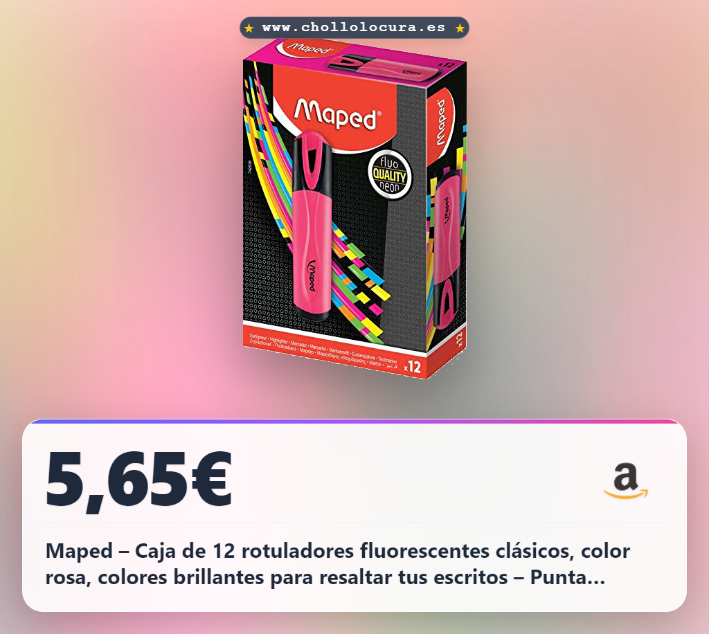 Maped – Caja de 12 rotuladores fluorescentes clásicos, color rosa, colores brillantes para resaltar tus escritos – Punta biselada para hacer trazos de 1 a 5 mm