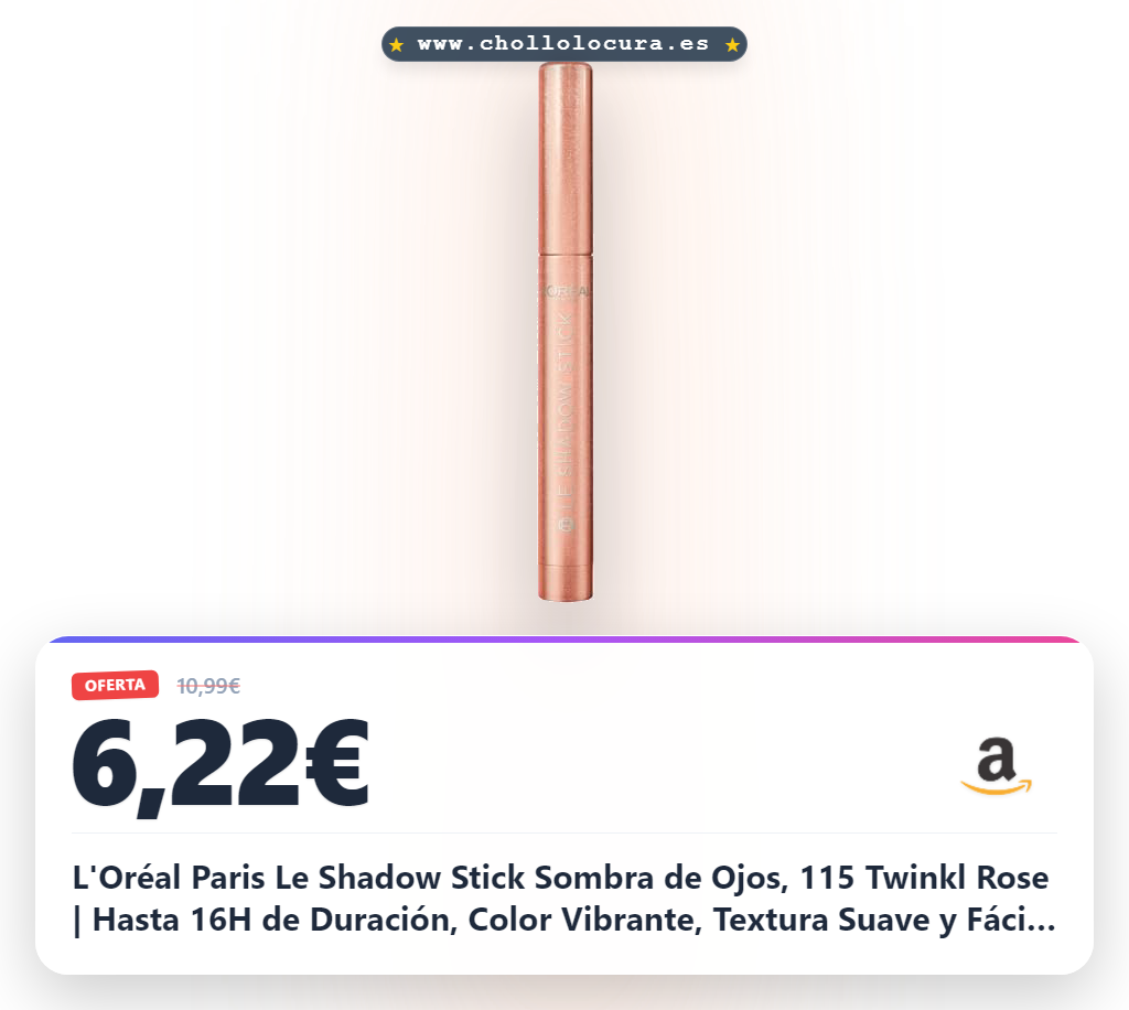 L'Oréal Paris Le Shadow Stick Sombra de Ojos, 115 Twinkl Rose | Hasta 16H de Duración, Color Vibrante, Textura Suave y Fácil de Difuminar, Uso como Sombra o Efecto Ahumado, Le Shadow Stick