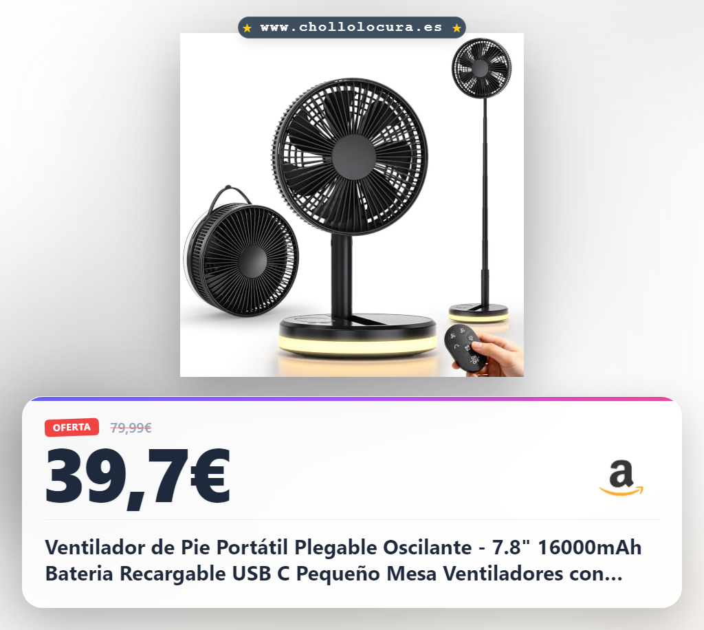 Consigue Ventilador de Pie Portátil Plegable Oscilante 16000mAh con Batería Recargable y Control Remoto