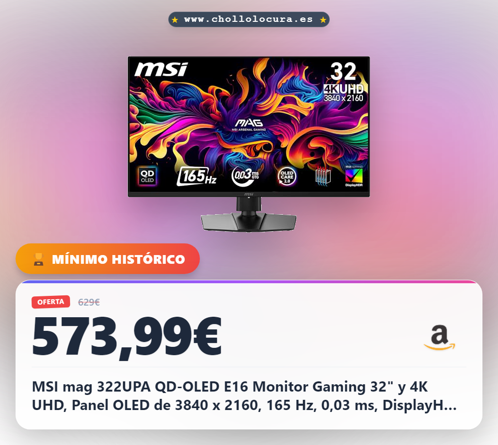 MSI mag 322UPA QD-OLED E16 Monitor Gaming 32" y 4K UHD, Panel OLED de 3840 x 2160, 165 Hz, 0,03 ms, DisplayHDR True Black 400, AMD FreeSync Premium, Compatible con G-Sync, HDMI 2.1, DP 1.4a, Negro