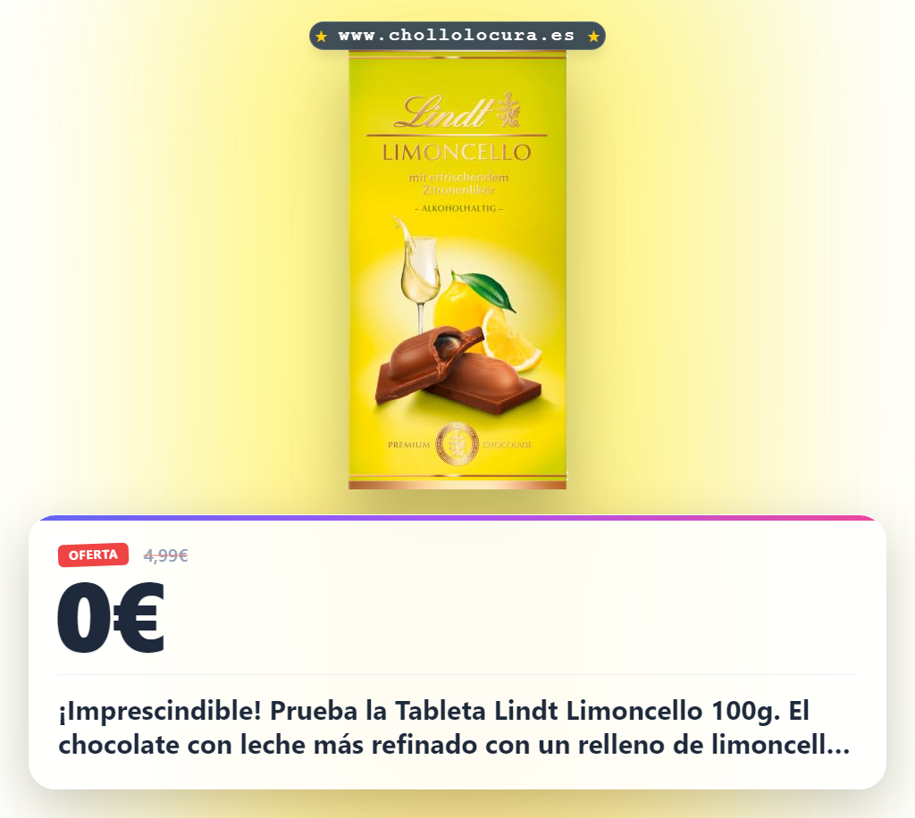 Disfruta de esta tableta Lindt Limoncello con relleno de limoncello en oferta histórica. Ideal para regalar.