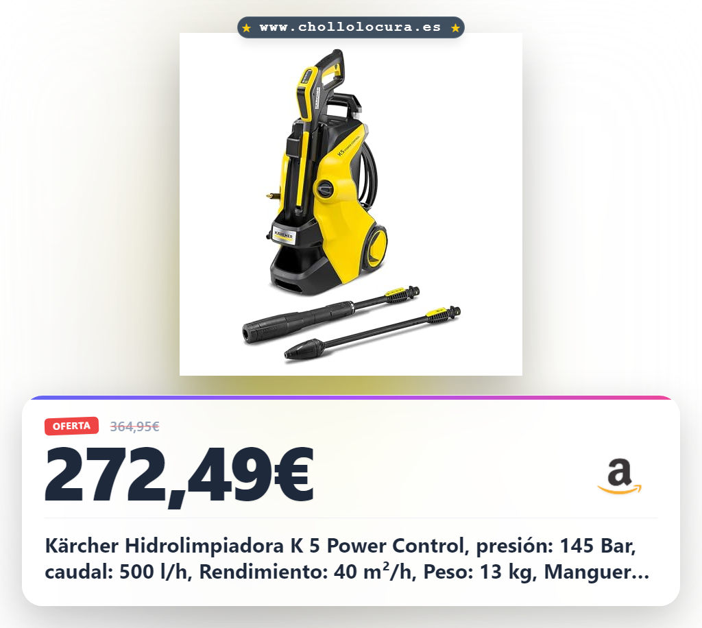 Kärcher Hidrolimpiadora K 5 Power Control, presión: 145 Bar, caudal: 500 l/h, Rendimiento: 40 m²/h, Peso: 13 kg, Manguera y Pistola de Alta presión Incluidas