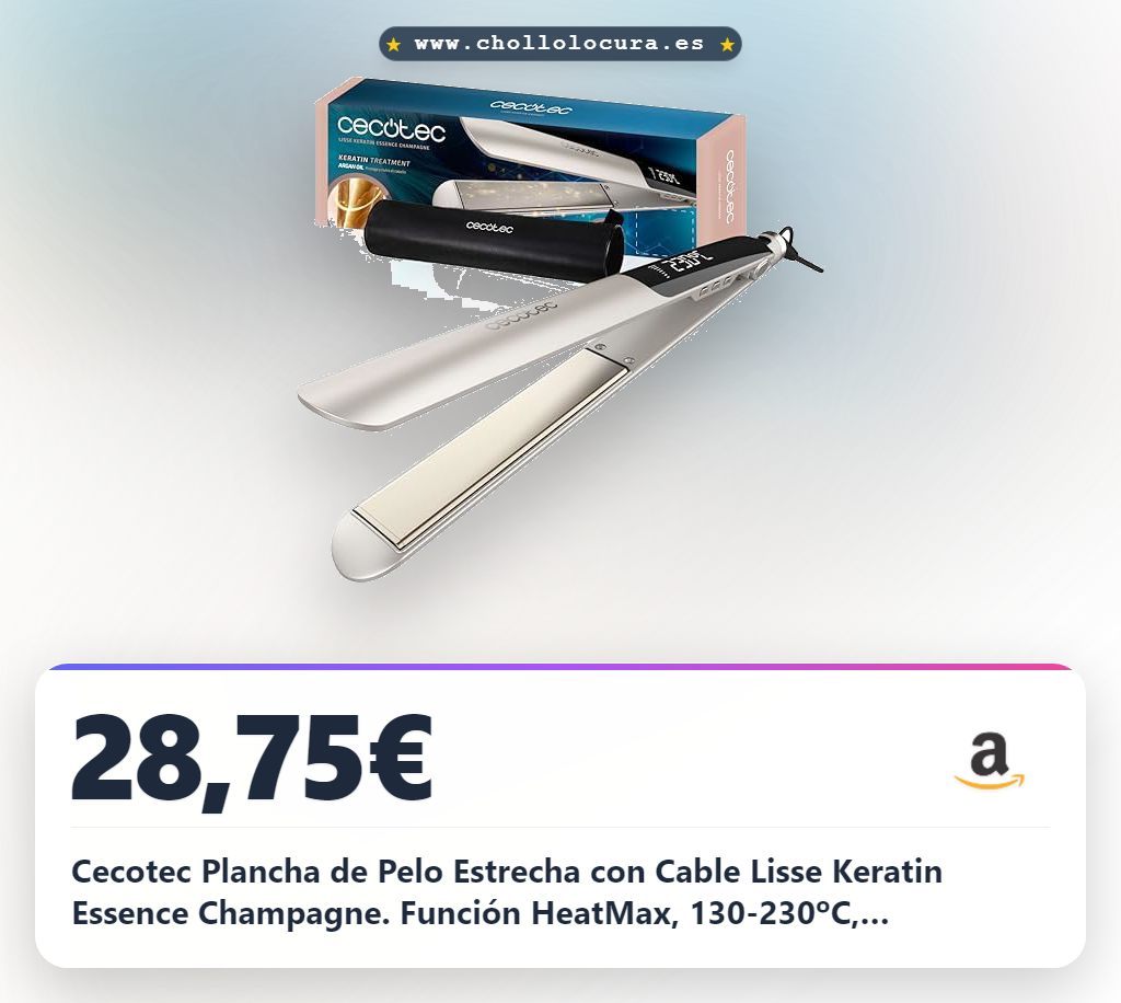 Cecotec Plancha de Pelo Estrecha con Cable Lisse Keratin Essence Champagne. Función HeatMax, 130-230ºC, Revestimiento Cerámico con Queratina y Aceite de Argán, Apagado Automático, Bolsa de Viaje