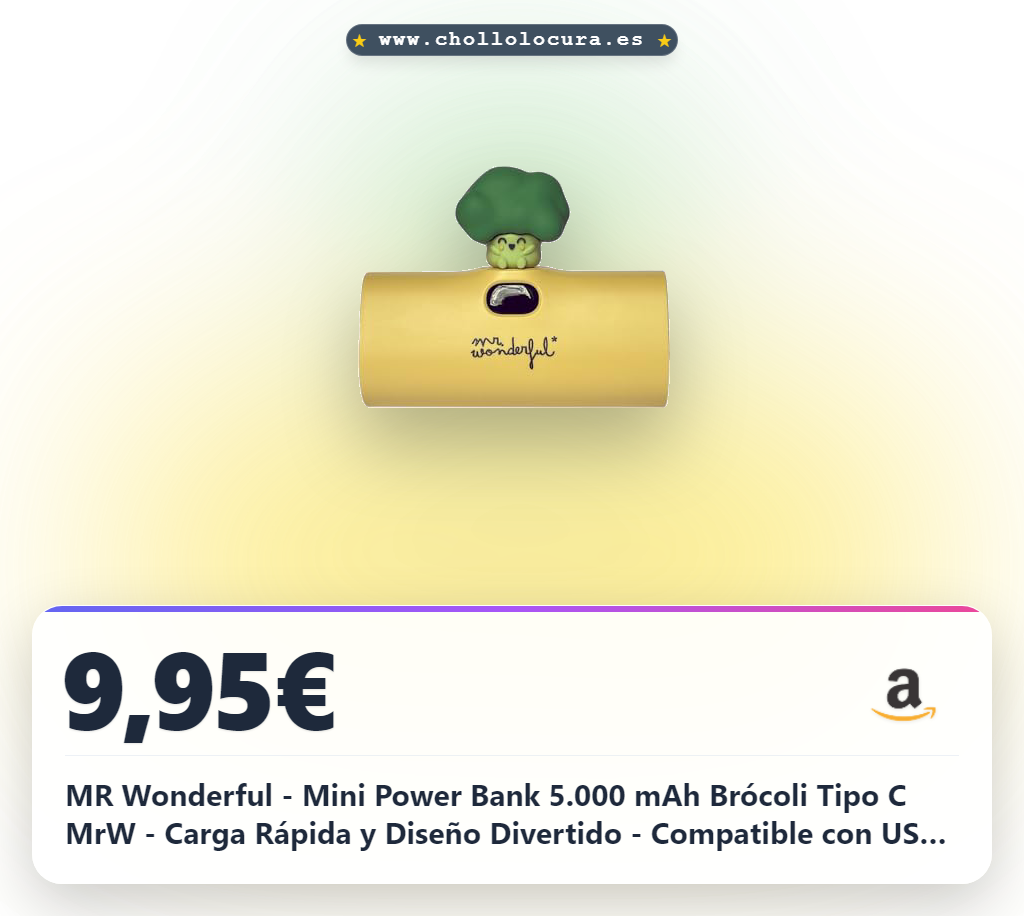 MR Wonderful - Mini Power Bank 5.000 mAh Brócoli Tipo C MrW - Carga Rápida y Diseño Divertido - Compatible con USB-C