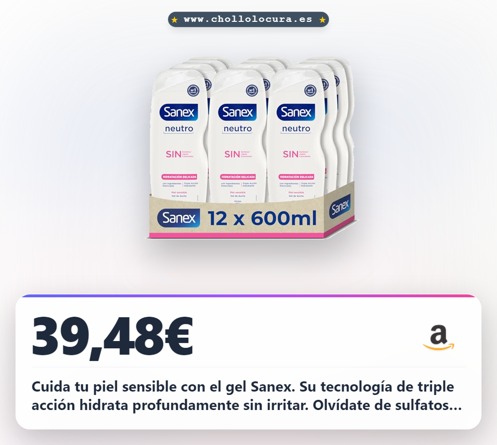 Cuida tu piel sensible con el gel Sanex. Su tecnología de triple acción hidrata profundamente sin irritar. Olvídate de sulfatos y jabón; disfruta de una hidratación suave y duradera en este pack de 12.