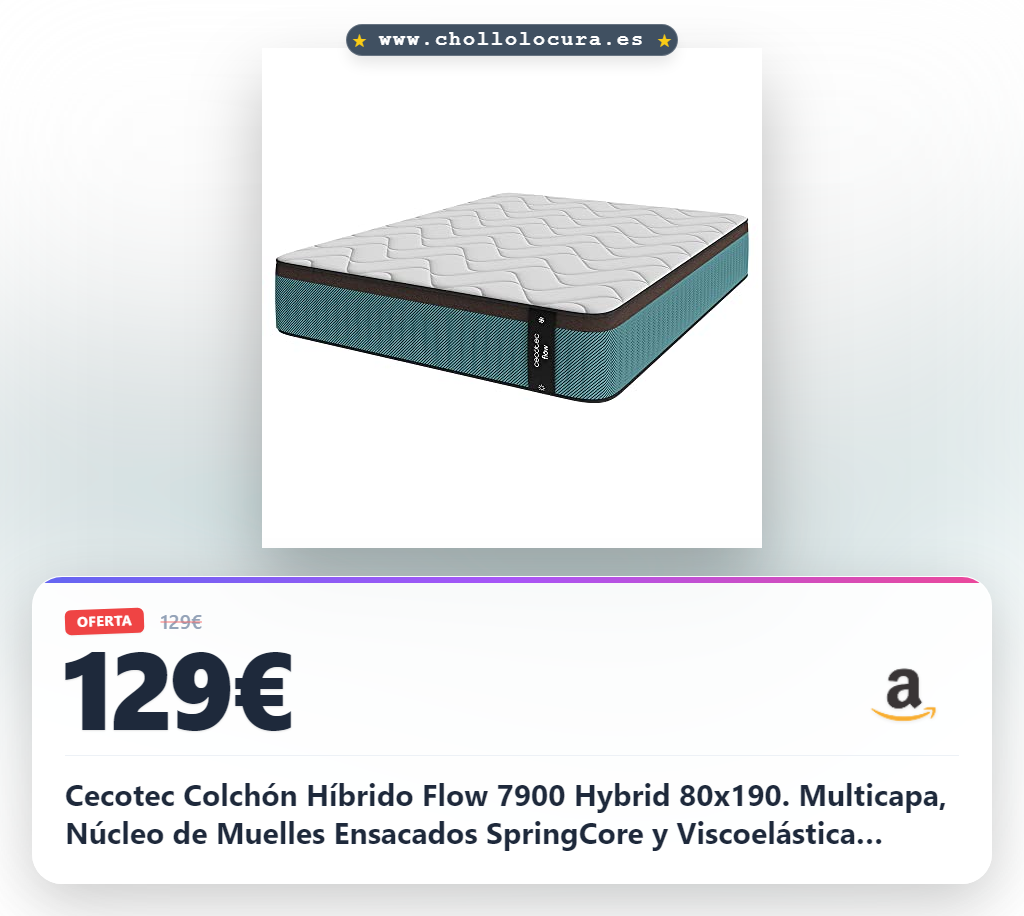 Cecotec Colchón Híbrido Flow 7900 Hybrid 80x190. Multicapa, Núcleo de Muelles Ensacados SpringCore y Viscoelástica ViscoCare+, Altura 30 cm, Firmeza Medio Alta, SeparateMuv & BreathSoft