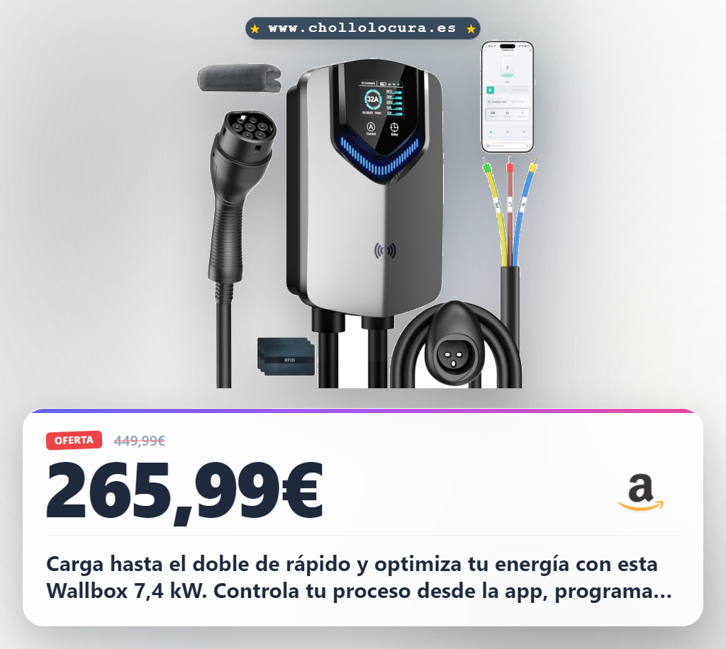 Carga hasta el doble de rápido y optimiza tu energía con esta Wallbox 7,4 kW. Controla tu proceso desde la app, programa horarios y ajusta la corriente para ahorrar. Disfruta de un acceso seguro con RFID y una carga flexible, eficiente y totalmente protegida.