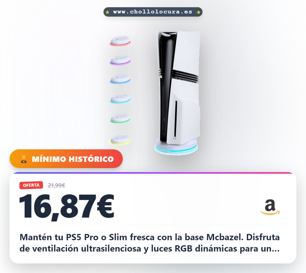 Aprovecha la base de refrigeración Mcbazel universal para PS5 Pro y Slim. Obtén ventilación ultrasilenciosa y luces RGB.