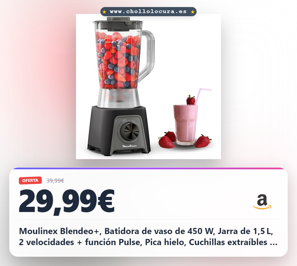 Moulinex Blendeo+, Batidora de vaso de 450 W, Jarra de 1,5 L, 2 velocidades + función Pulse, Pica hielo, Cuchillas extraíbles y muy resistentes, Gris, LM2C08F0
