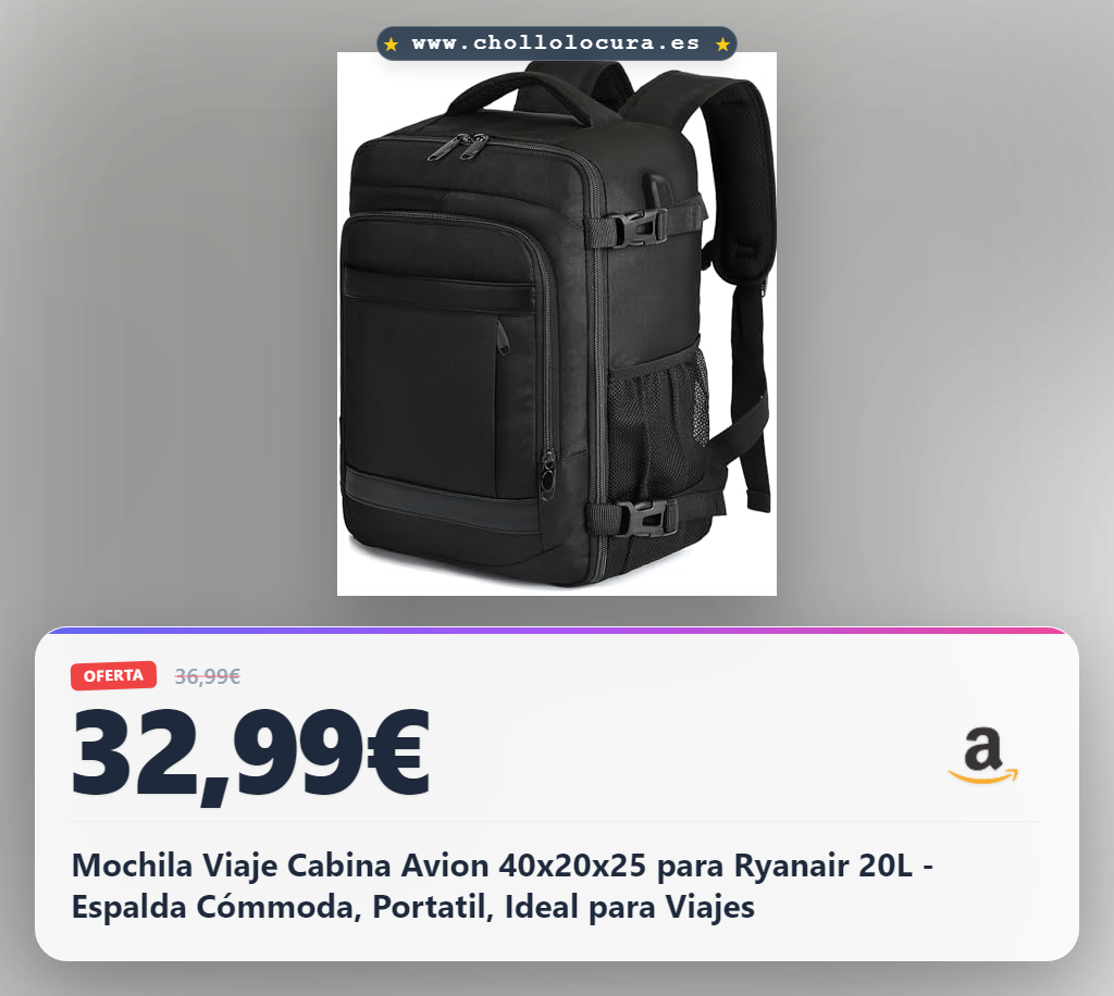 Mochila Viaje Cabina Avion 40x20x25 para Ryanair 20L - Espalda Cómmoda, Portatil, Ideal para Viajes