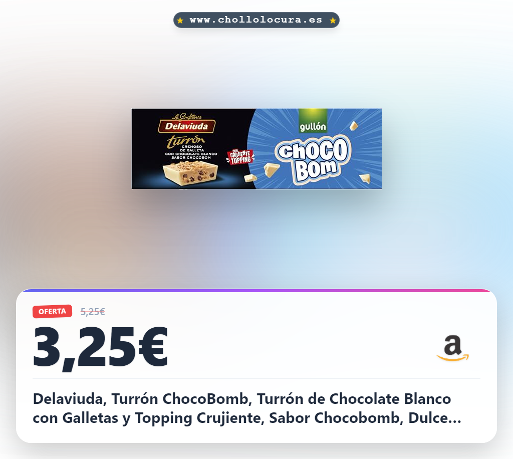 Delaviuda, Turrón ChocoBomb, Turrón de Chocolate Blanco con Galletas y Topping Crujiente, Sabor Chocobomb, Dulce Ideal para Cesta Navidad, Made in Spain, 150 Gramos