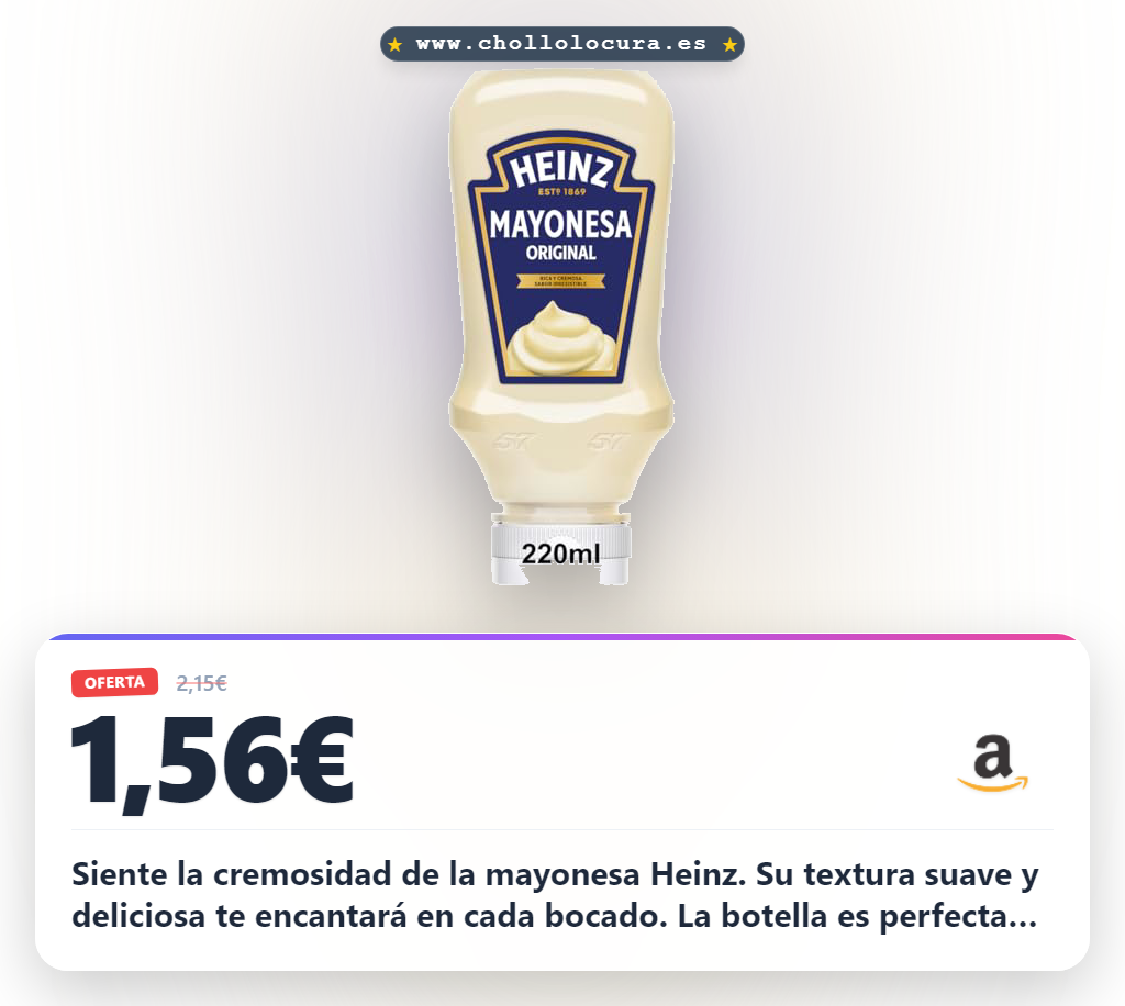 Llévate la salsa mayonesa Heinz 220ml, suave y cremosa. Sin colorantes artificiales a precio de chollo.