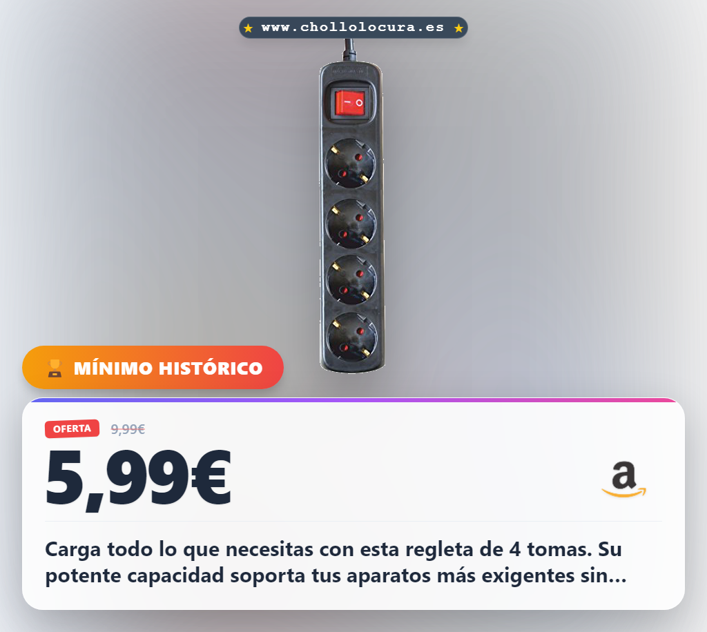 Consigue la regleta enchufe con 4 tomas e interruptor. Aprovecha el cable de 1,5 metros y la máxima potencia 3500W al mejor precio del año.