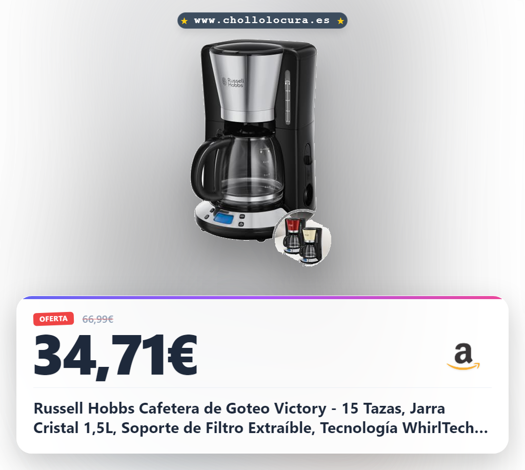 Russell Hobbs Cafetera de Goteo Victory - 15 Tazas, Jarra Cristal 1,5L, Soporte de Filtro Extraíble, Tecnología WhirlTech, Cuchara Medidora, Pantalla LCD, Programable, Negro y Plata - 24030-56