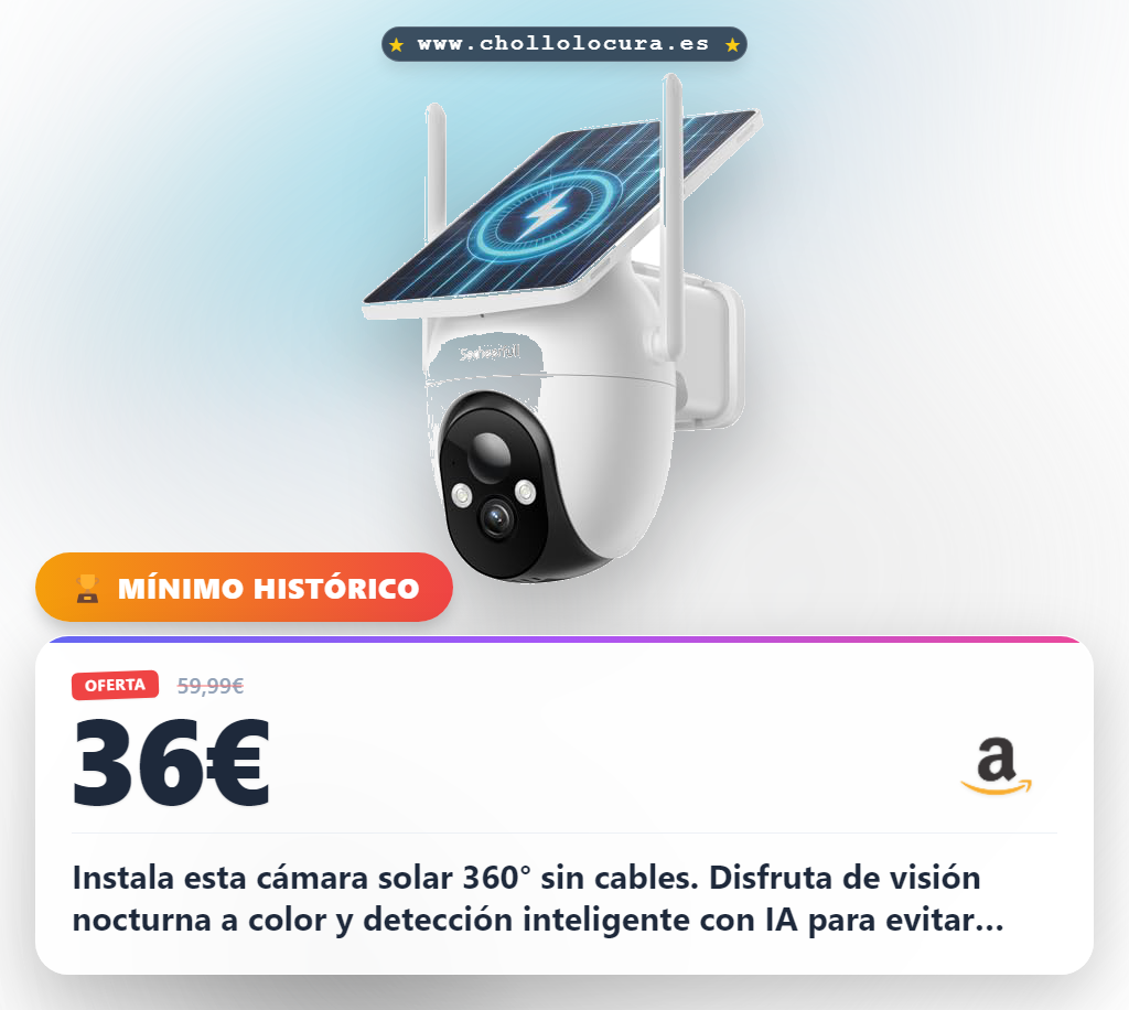 Instala esta cámara solar 360° sin cables. Disfruta de visión nocturna a color y detección inteligente con IA para evitar falsas alarmas. Alarma activa al detectar movimiento y guarda tus vídeos en tarjeta microSD. Seguridad total, fácil y privada.