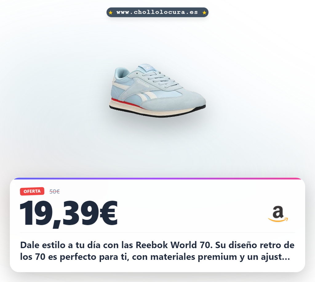 Dale estilo a tu día con las Reebok World 70. Su diseño retro de los 70 es perfecto para ti, con materiales premium y un ajuste que te dura todo el día. ¡Aprovecha este chollo y llévate las tuyas antes de que se agoten!