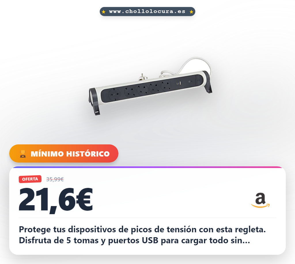 Consigue la regleta LEGRAND de 5 tomas con protección contra sobretensión y USB. Blanco y gris oscuro.