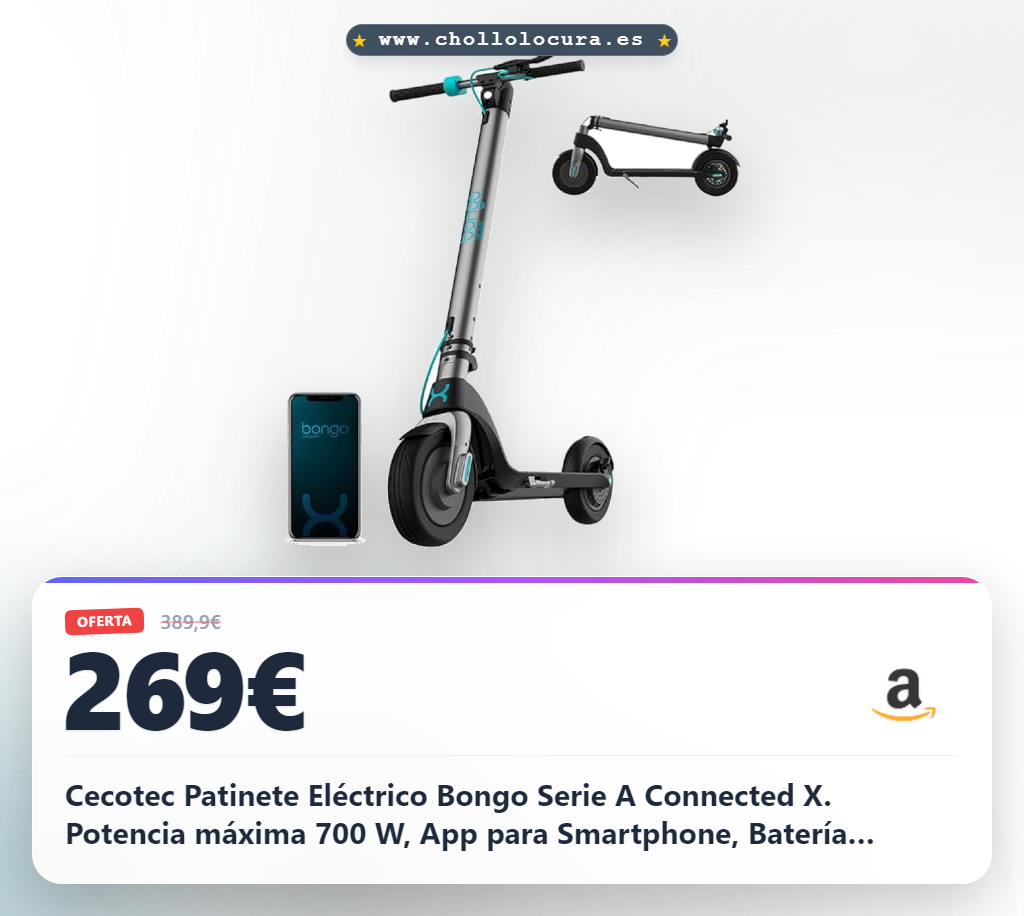 Cecotec Patinete Eléctrico Bongo Serie A Connected X. Potencia máxima 700 W, App para Smartphone, Batería Intercambiable, Autonomía hasta 25 km, 3 Modos, Triple Sistema de Frenado
