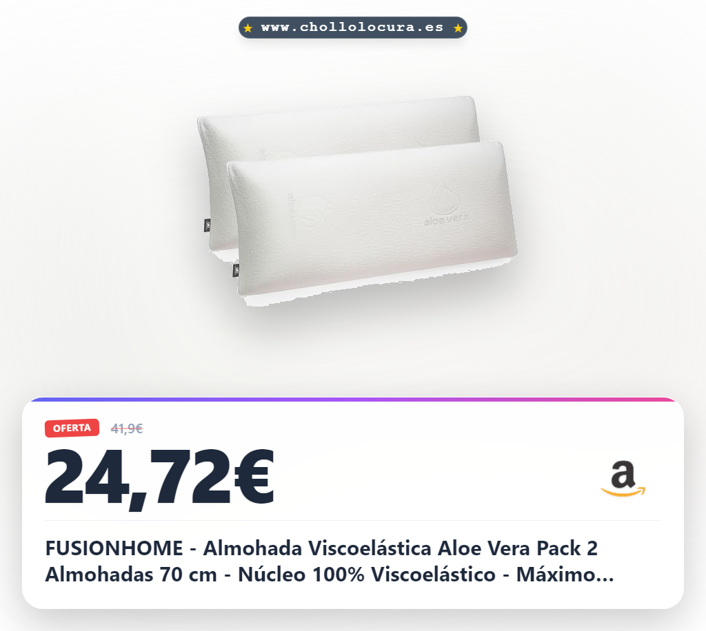 FUSIONHOME - Almohada Viscoelástica Aloe Vera Pack 2 Almohadas 70 cm - Núcleo 100% Viscoelástico - Máximo Confort Memory Foam, Ergonómica y Termorregulable - Funda Desenfundable y Lavable