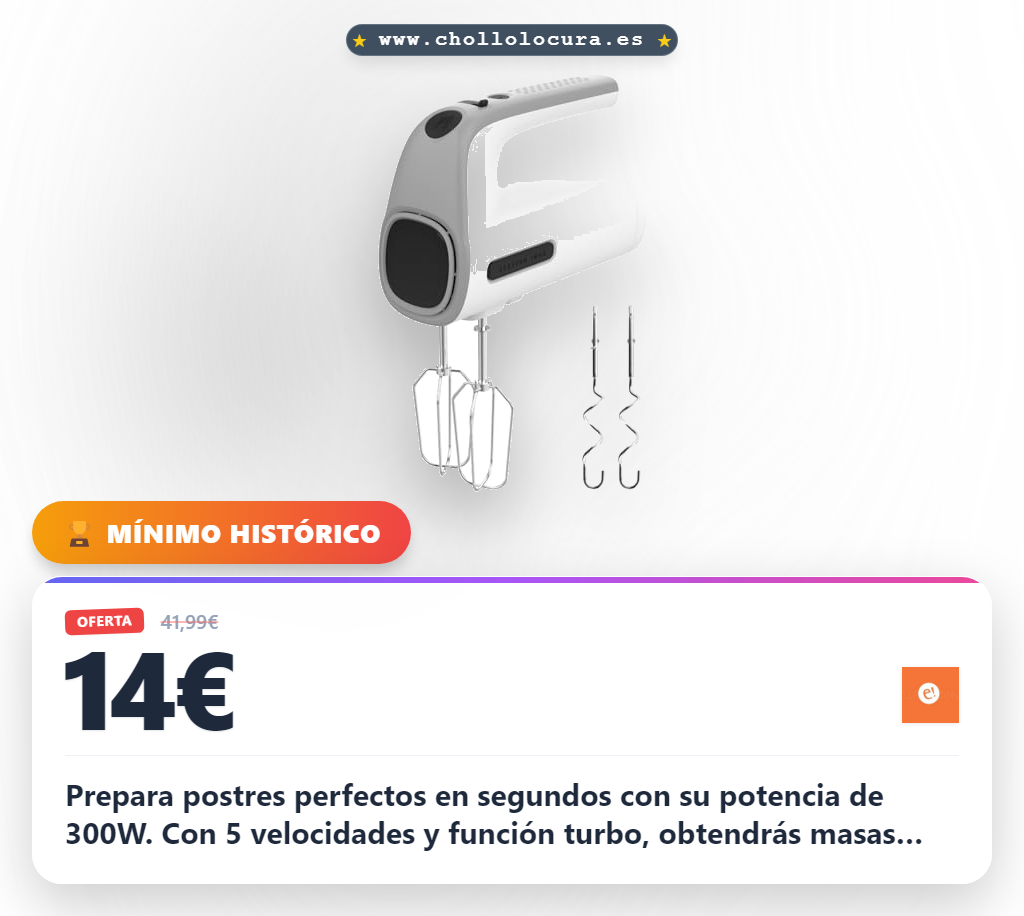 Aprovecha la batidora amasadora Taurus 300W con 5 velocidades y varillas extraíbles en oferta histórica
