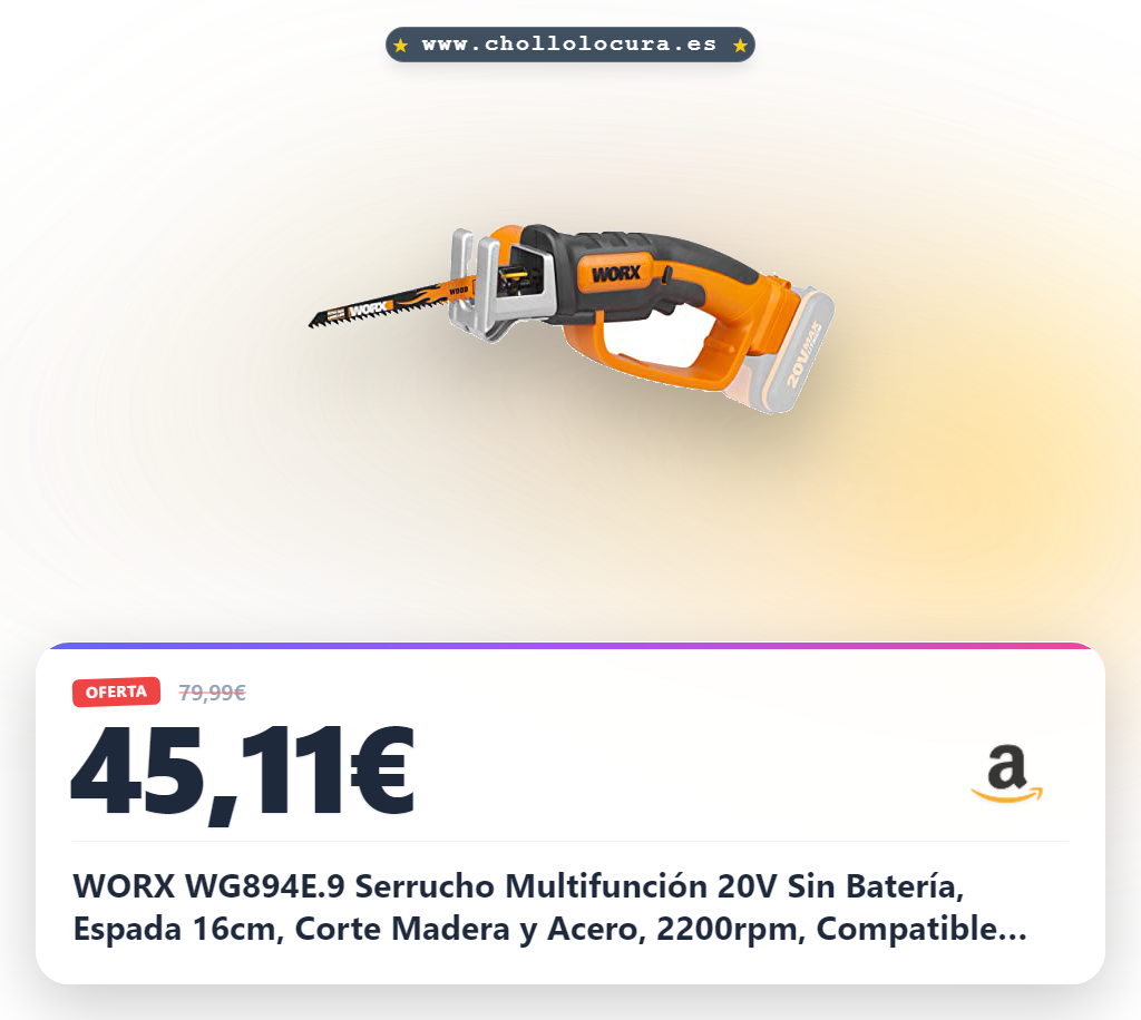 WORX WG894E.9 Serrucho Multifunción 20V Sin Batería, Espada 16cm, Corte Madera y Acero, 2200rpm, Compatible Hojas Sierra de Calar, Compacto