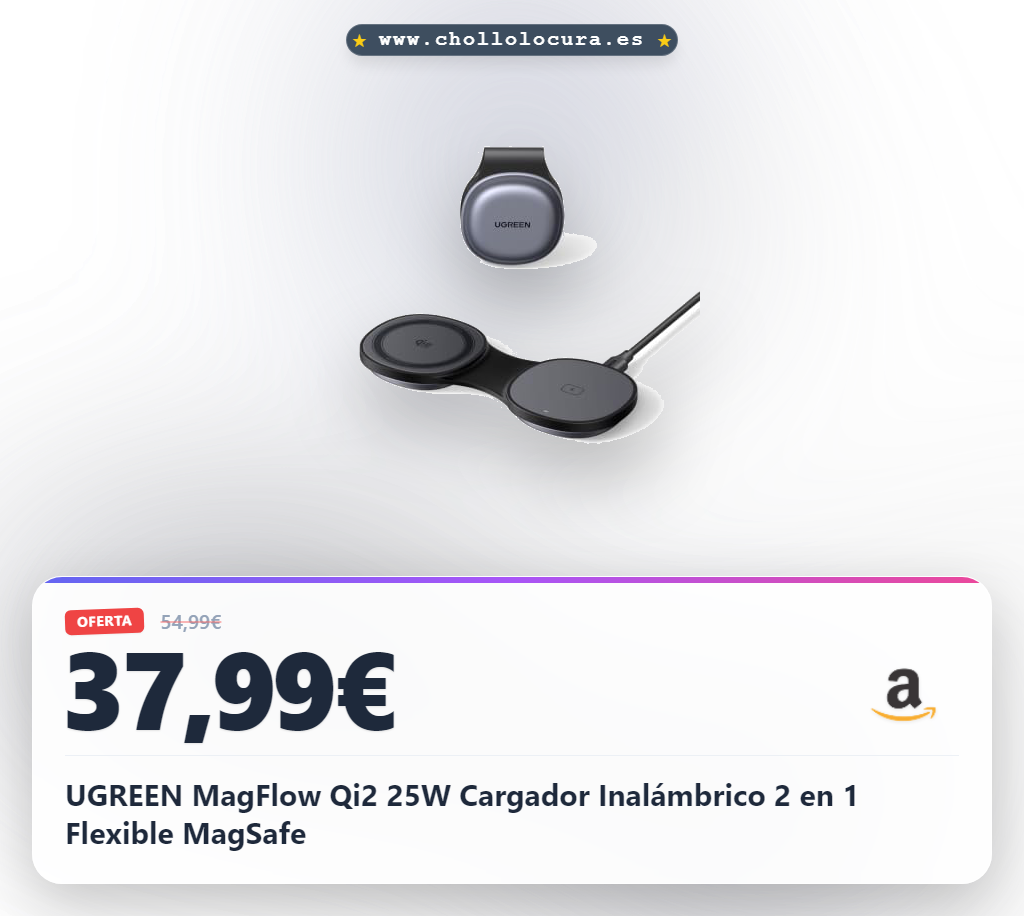 UGREEN MagFlow Qi2 25W Cargador Inalámbrico 2 en 1 Flexible MagSafe