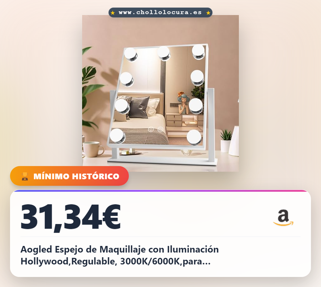Aogled Espejo de Maquillaje con Iluminación Hollywood,Regulable, 3000K/6000K,para Tocador,Blanco,300x250mm