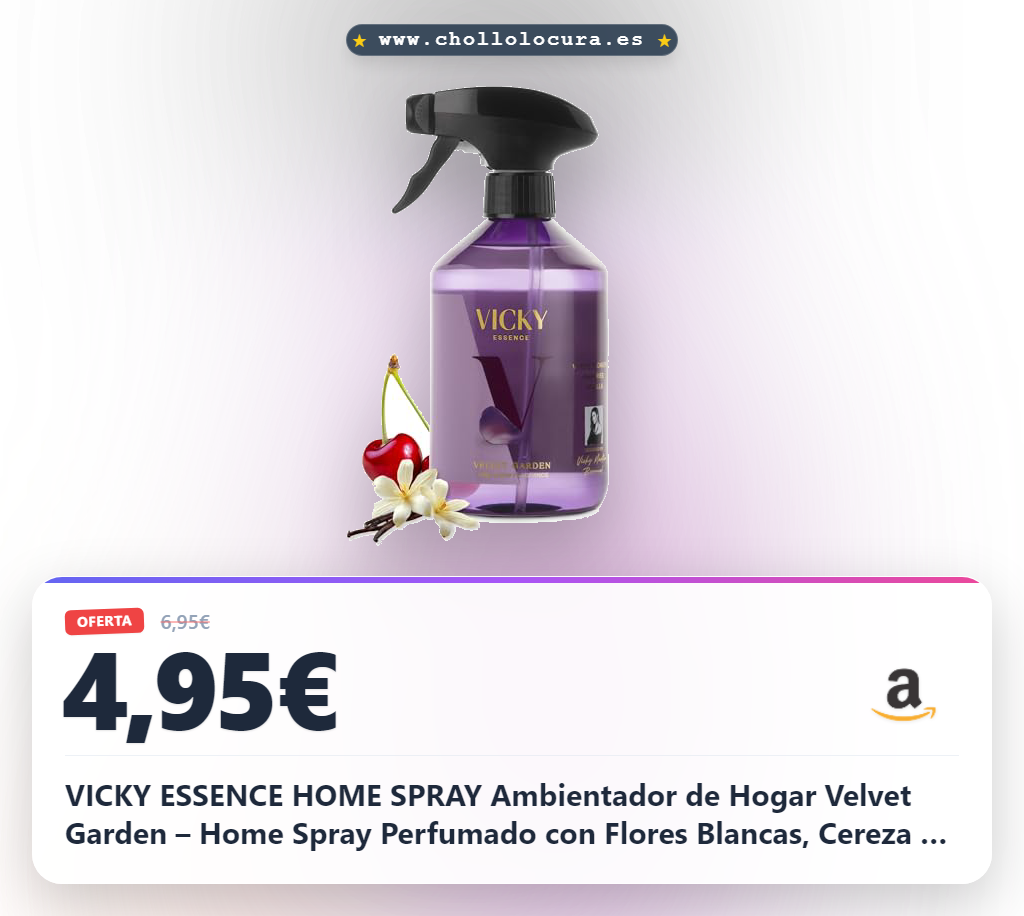 VICKY ESSENCE HOME SPRAY Ambientador de Hogar Velvet Garden – Home Spray Perfumado con Flores Blancas, Cereza y Vainilla – Aroma Romántico y Acogedor – 500 ml
