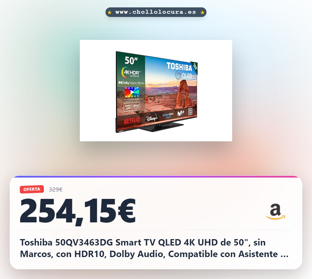 Toshiba 50QV3463DG Smart TV QLED 4K UHD de 50", sin Marcos, con HDR10, Dolby Audio, Compatible con Asistente de Voz Alexa, Bluetooth