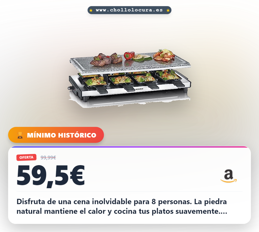 Aprovecha el Raclette Grill Severin con piedra natural para 8 personas y 8 sartenes en oferta