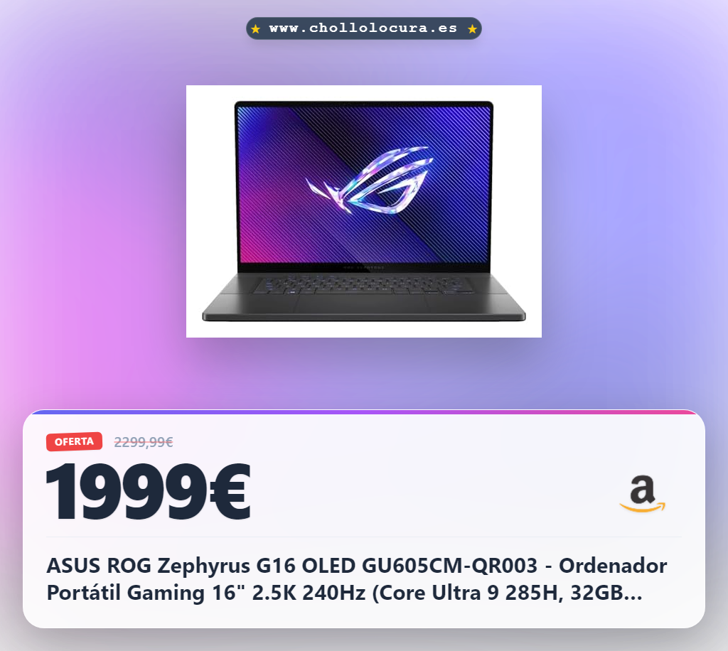 ASUS ROG Zephyrus G16 OLED GU605CM-QR003 - Ordenador Portátil Gaming 16" 2.5K 240Hz (Core Ultra 9 285H, 32GB RAM, 1TB SSD, NVIDIA RTX 5060 8GB, Sin Sistema Operativo) Gris Eclipse - Tec. QWERTY ES