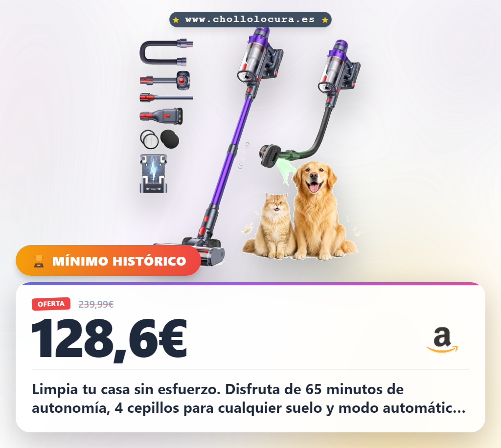 Aprovecha la aspiradora sin cable VAC02 de 650W con 55KPA de succión y 65 minutos de autonomía. Limpieza profunda y modo automático.