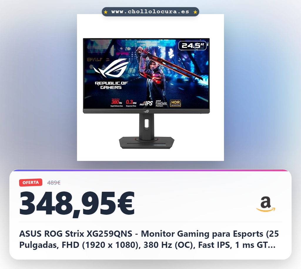 ASUS ROG Strix XG259QNS - Monitor Gaming para Esports (25 Pulgadas, FHD (1920 x 1080), 380 Hz (OC), Fast IPS, 1 ms GTG (0.3 ms mínimo), HDR, DisplayWidget Center