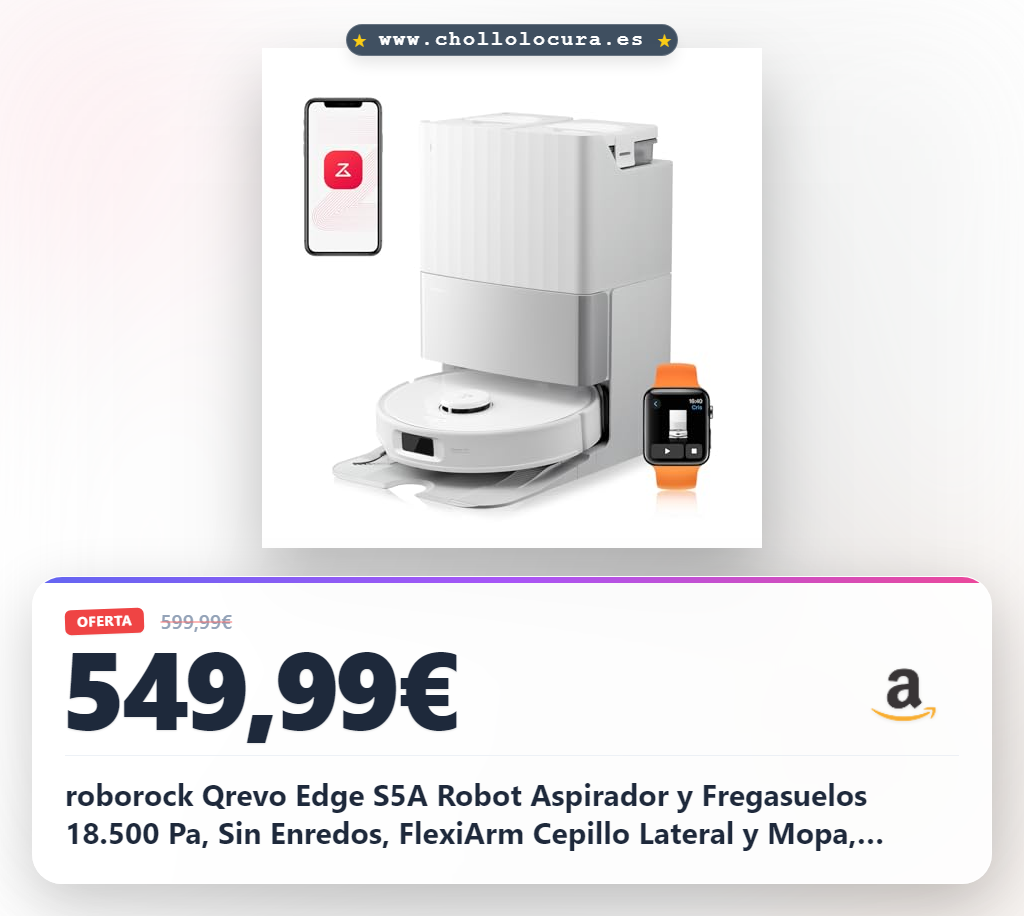 roborock Qrevo Edge S5A Robot Aspirador y Fregasuelos 18.500 Pa, Sin Enredos, FlexiArm Cepillo Lateral y Mopa, Lavado con Mopa de Agua Caliente y Autolimpieza, Secado con Aire Caliente, Blanco