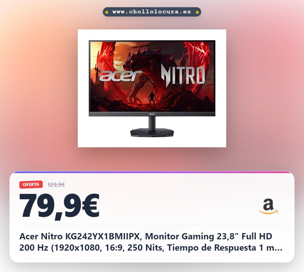 Acer Nitro KG242YX1BMIIPX, Monitor Gaming 23,8" Full HD 200 Hz (1920x1080, 16:9, 250 Nits, Tiempo de Respuesta 1 m/s (VRB), 2xHDMI 2.0/1xDP 1.2), Monitor PC, Color Negro