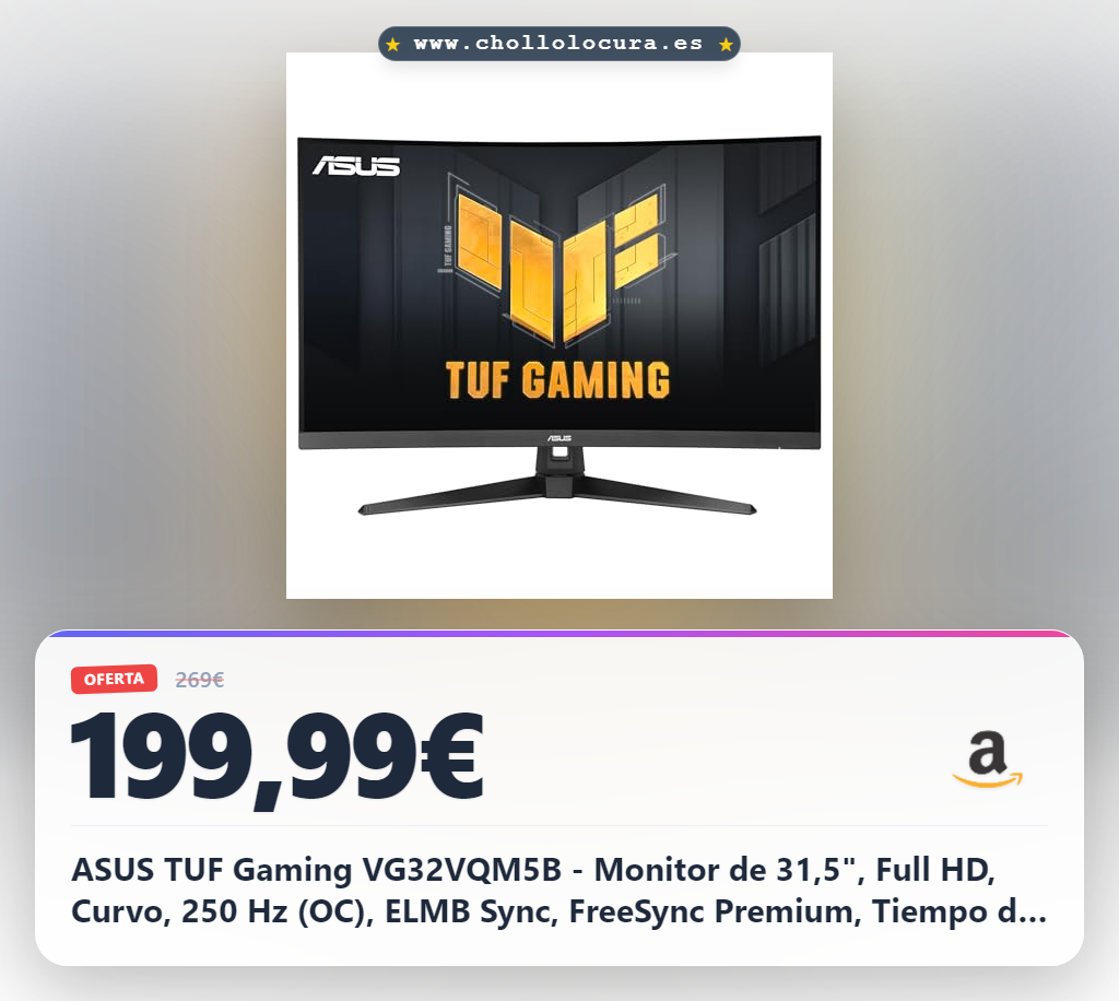 ASUS TUF Gaming VG32VQM5B - Monitor de 31,5", Full HD, Curvo, 250 Hz (OC), ELMB Sync, FreeSync Premium, Tiempo de Respuesta de 0,5 ms, 120% sRGB, DisplayWidget Center