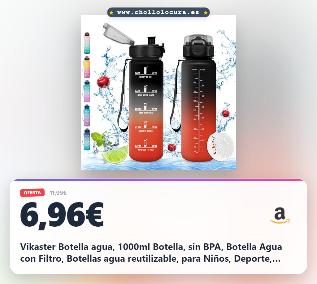 Vikaster Botella agua, 1000ml Botella, sin BPA, Botella Agua con Filtro, Botellas agua reutilizable, para Niños, Deporte, Running, Gimnasio, Bicicleta