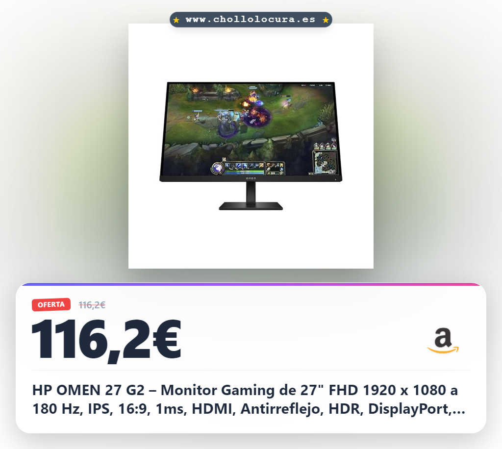 HP OMEN 27 G2 – Monitor Gaming de 27" FHD 1920 x 1080 a 180 Hz, IPS, 16:9, 1ms, HDMI, Antirreflejo, HDR, DisplayPort, Compatible con Consolas Negro, Plano, 180Hz