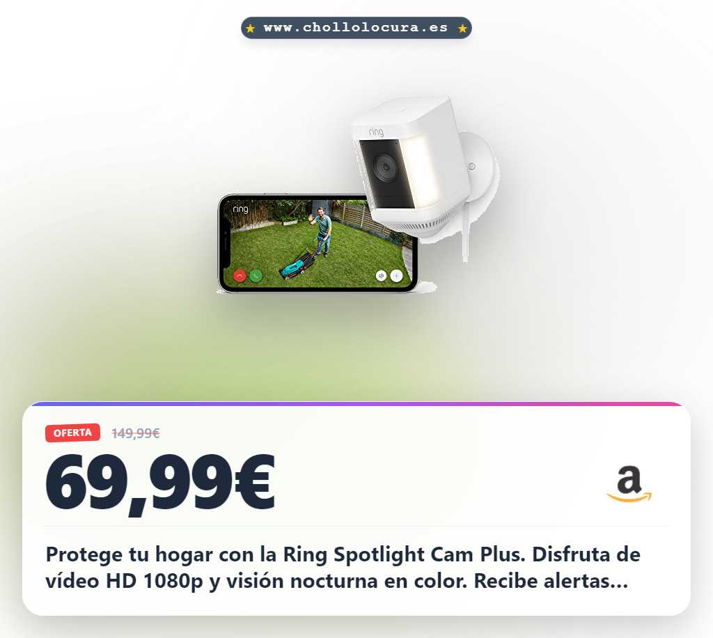 Descubre la cámara Ring Spotlight Cam Plus exterior HD 1080p con visión nocturna en color y luces LED a precio de chollo