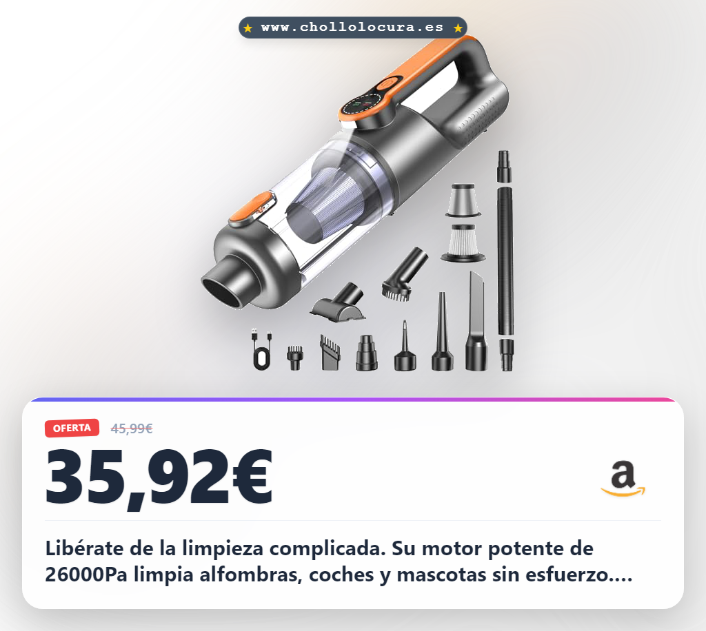 Aprovecha la aspiradora 4 en 1 de 26000Pa. Limpia coches y mascotas con potencia, sopla e infla. Carga rápida y vaciado fácil.