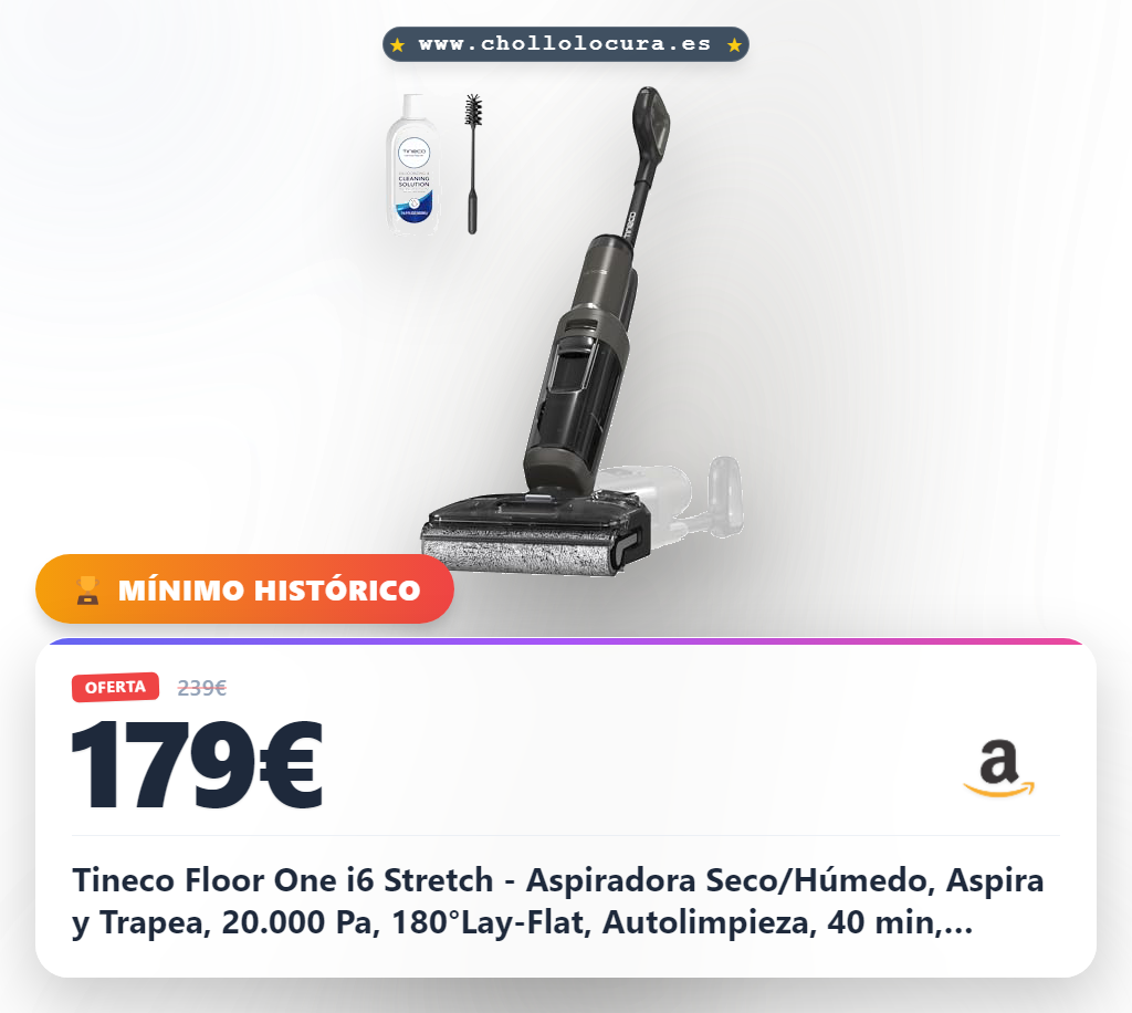 Tineco Floor One i6 Stretch - Aspiradora Seco/Húmedo, Aspira y Trapea, 20.000 Pa, 180°Lay-Flat, Autolimpieza, 40 min, Antienredos, Celda de Bolsa Mejorada, Ideal para Pelo de Mascotas